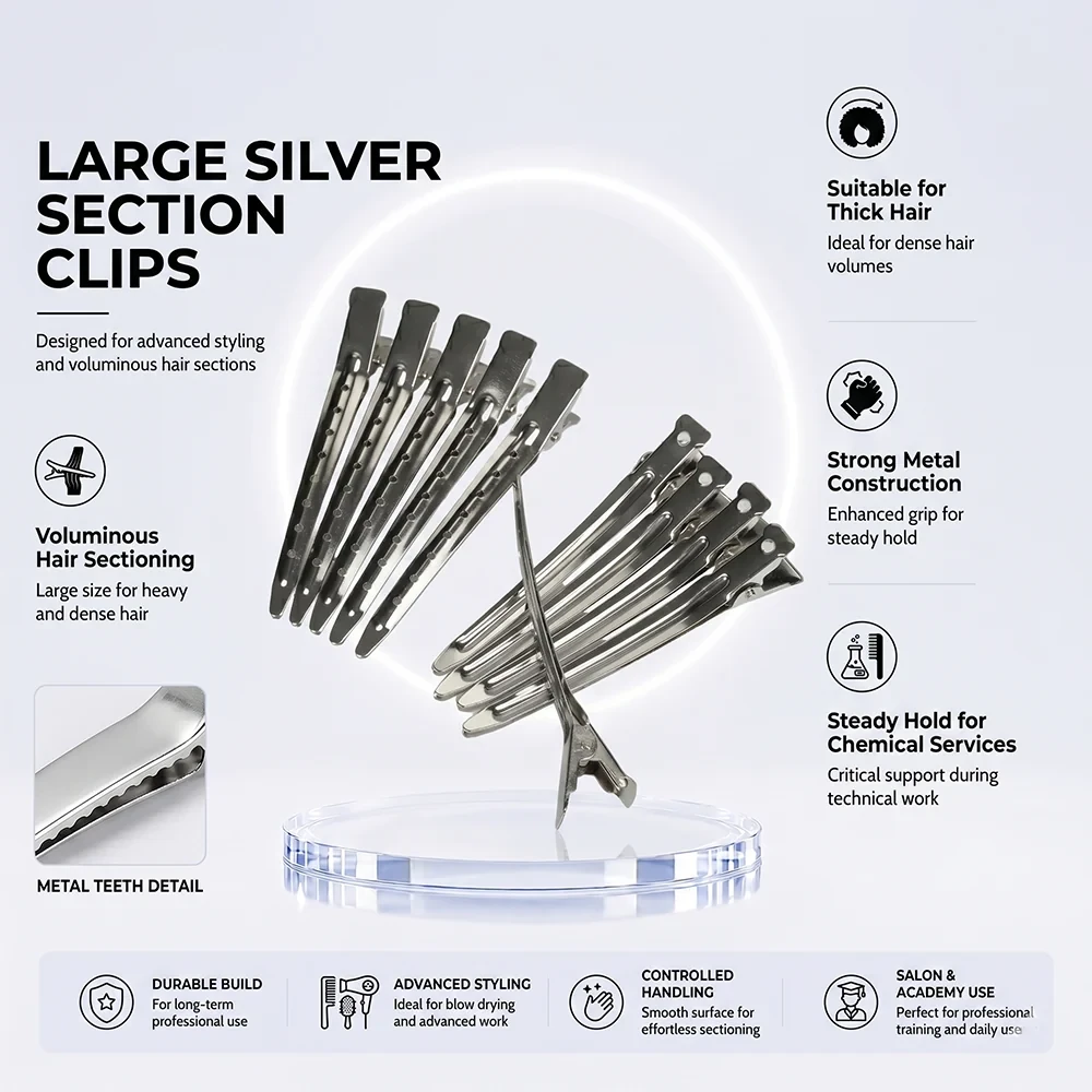 Marvac Large Silver Section Clips for Thick Hair - Strong Hold Metal Clips