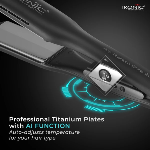 Ikonic Pro Titanium Shine Hair Straightener Black with AI Technology Professional Dual Titanium Floating Plates Auto Shut off function Instant Heat up